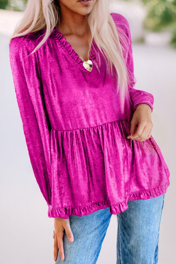 Gold Sw25129163-P12 Metallic Frill V Neck Puff Sleeve Babydoll Blouse