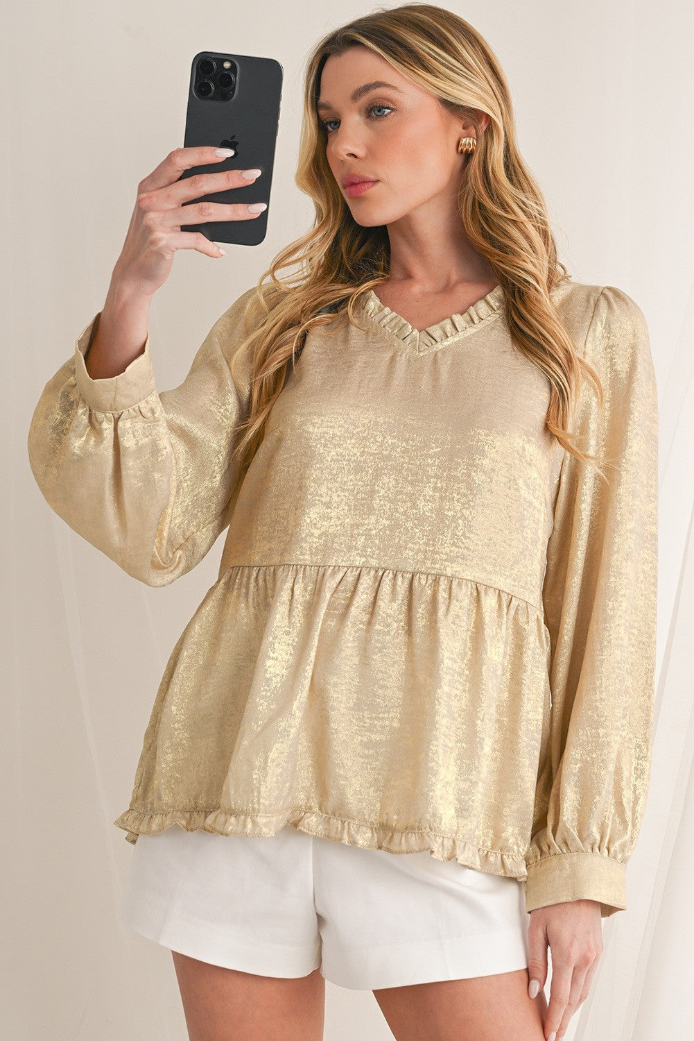 Gold Sw25129163-P12 Metallic Frill V Neck Puff Sleeve Babydoll Blouse