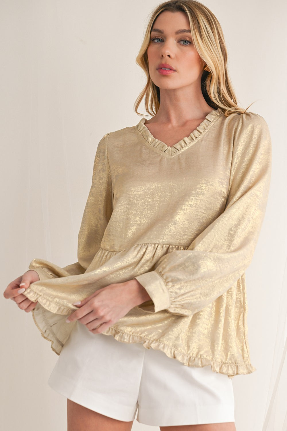 Gold Sw25129163-P12 Metallic Frill V Neck Puff Sleeve Babydoll Blouse
