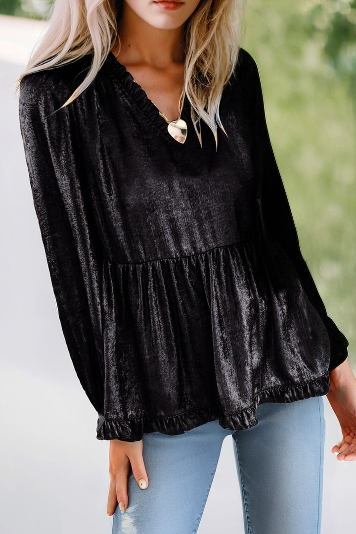 Gold Sw25129163-P12 Metallic Frill V Neck Puff Sleeve Babydoll Blouse