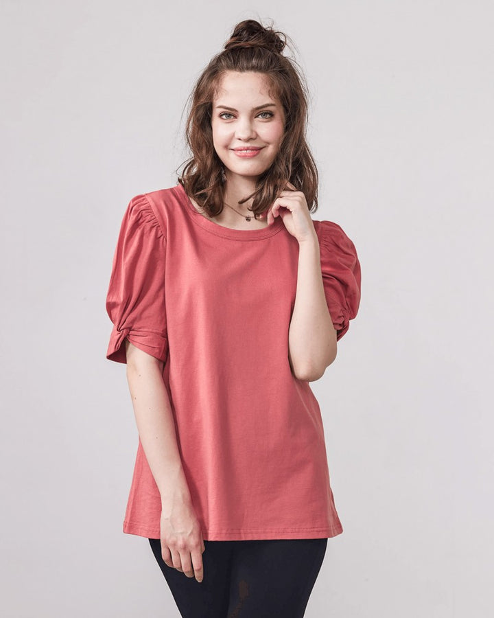 Orange Peach Plus Knotted Puff Sleeve Cotton Knit Top