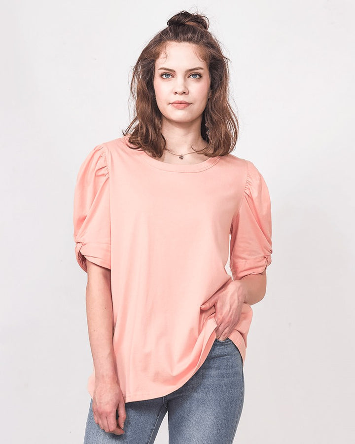 Desert Rose Plus Knotted Puff Sleeve Cotton Knit Top