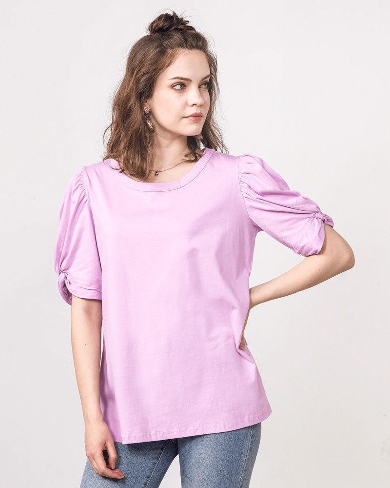 Black Plus Knotted Puff Sleeve Cotton Knit Top