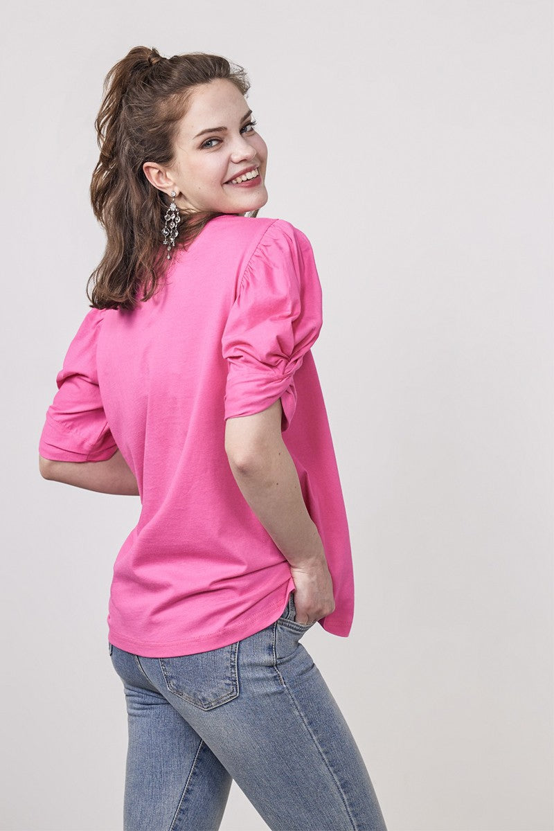 Lilac Plus Knotted Puff Sleeve Cotton Knit Top