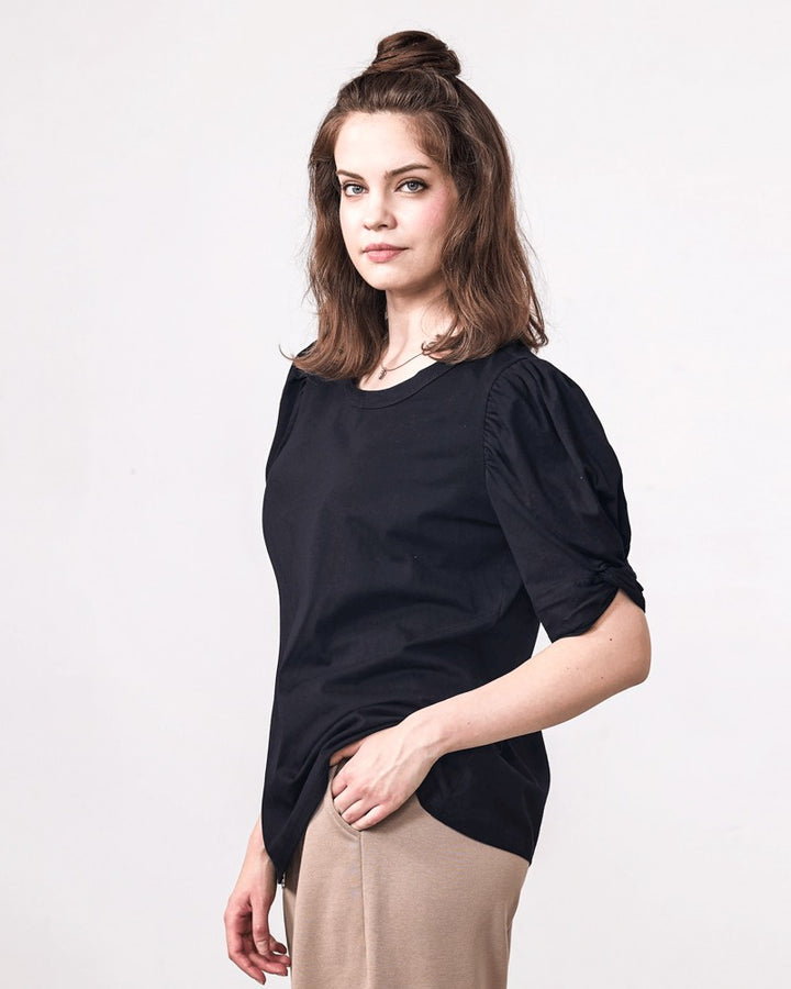 Denim Blue Plus Knotted Puff Sleeve Cotton Knit Top