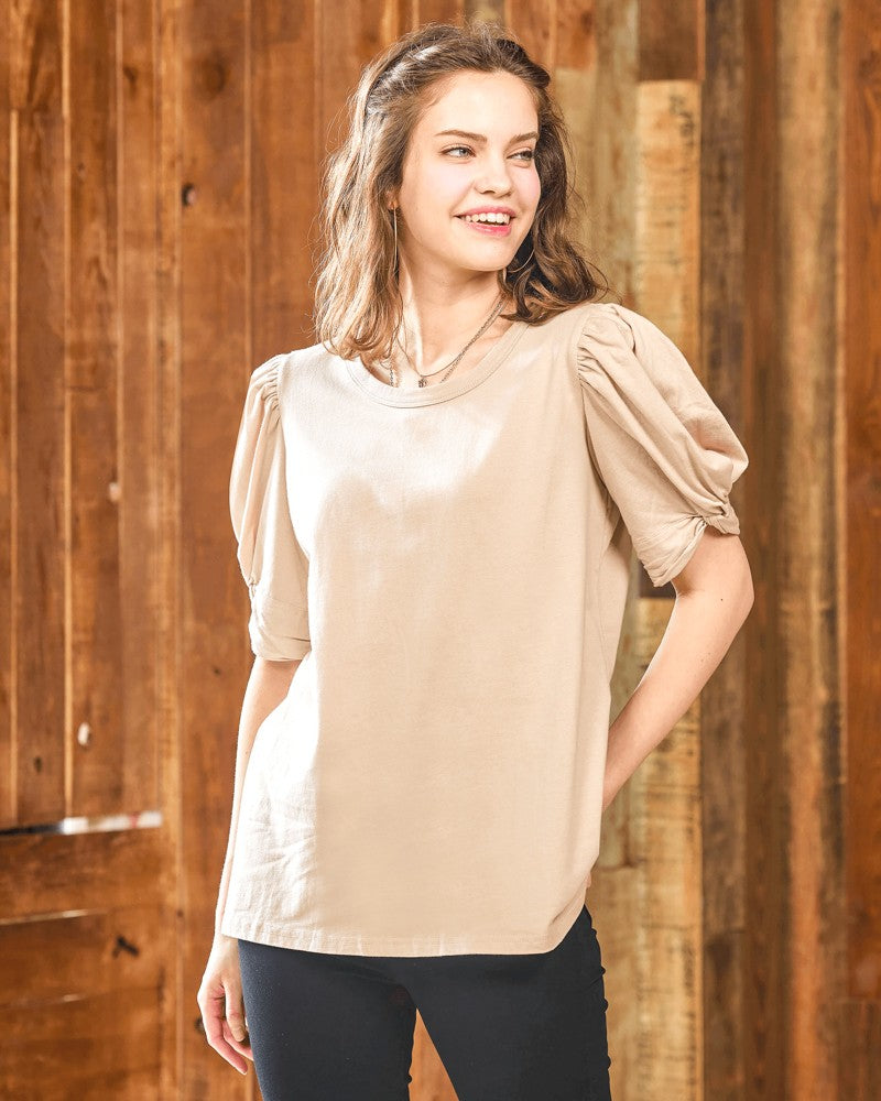 Charcoal Grey Plus Knotted Puff Sleeve Cotton Knit Top