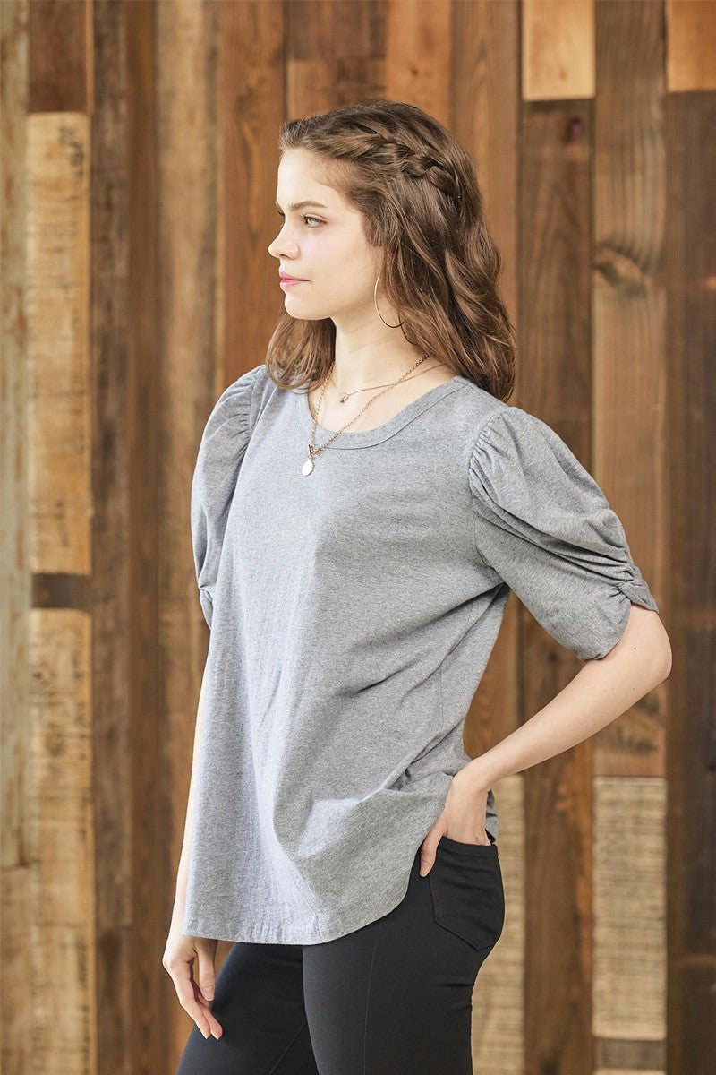 White Plus Knotted Puff Sleeve Cotton Knit Top