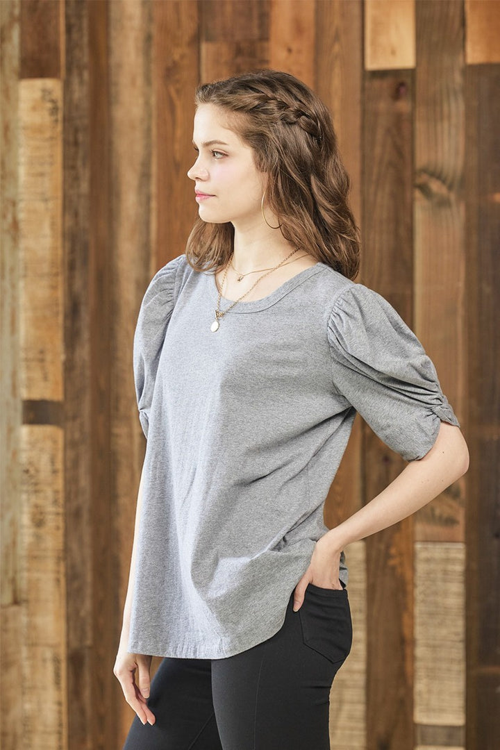White Plus Knotted Puff Sleeve Cotton Knit Top