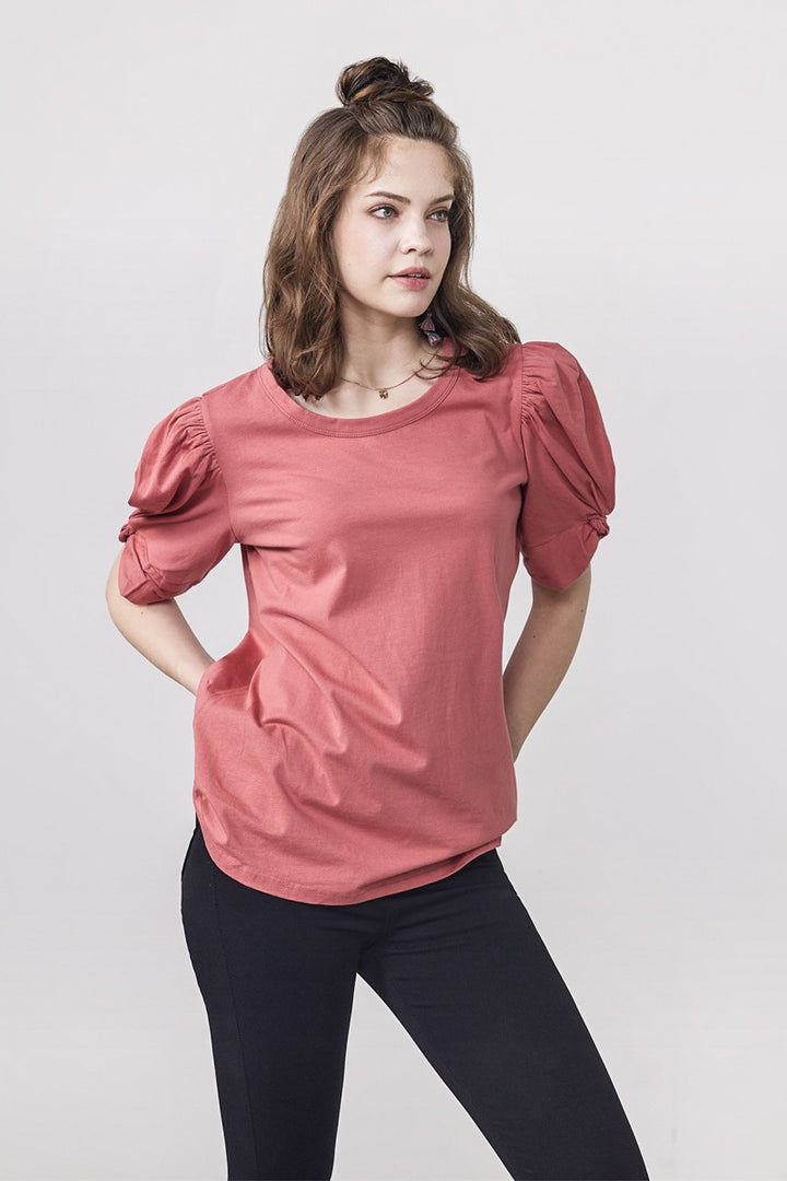 Charcoal Grey Plus Knotted Puff Sleeve Cotton Knit Top