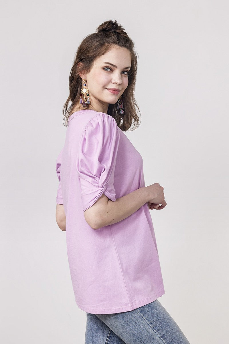 Black Plus Knotted Puff Sleeve Cotton Knit Top