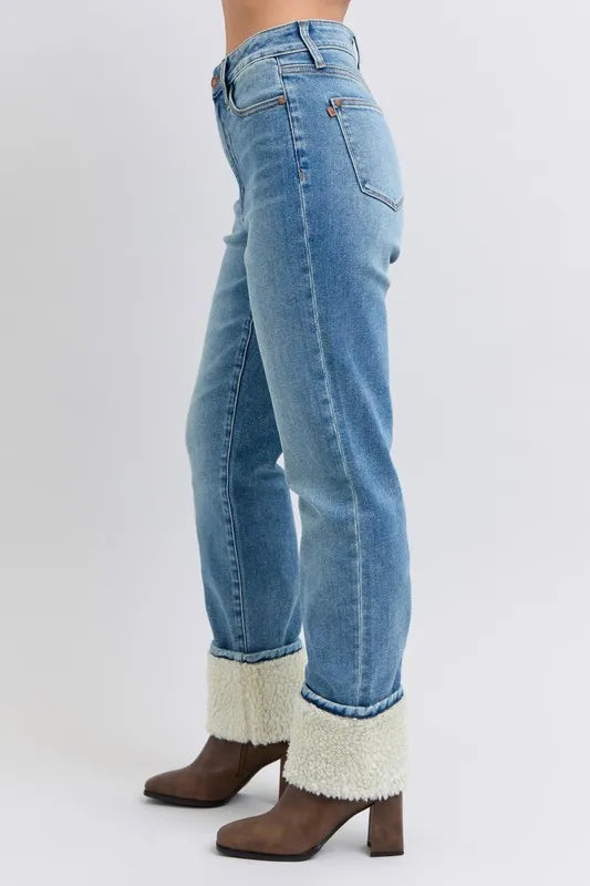 Md Judy Blue Full Size High Waist Shearling Cuff Straight Plus Size