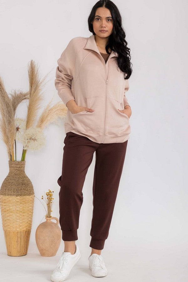 Womens Ultra Soft Funnel Neck Oversize Zip Jacket