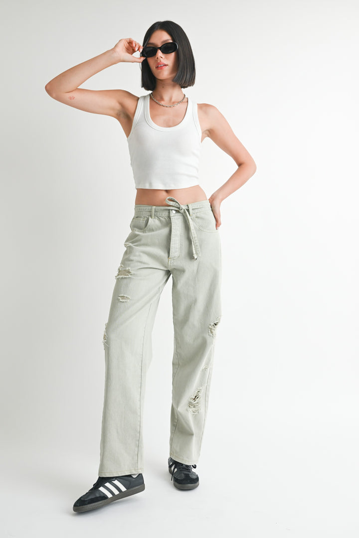 WASHED DENIM Distressed Wide Leg Pants