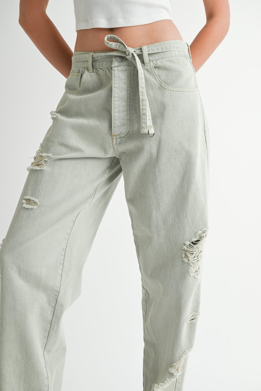 WASHED DENIM Distressed Wide Leg Pants