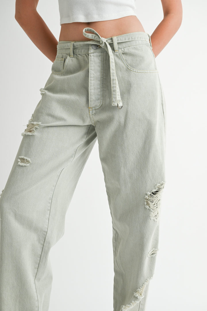 WASHED DENIM Distressed Wide Leg Pants