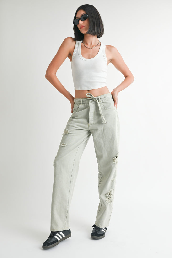 WASHED DENIM Distressed Wide Leg Pants
