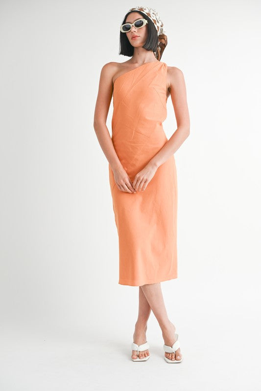 TANGERINE One Shoulder Mid Linen Dress