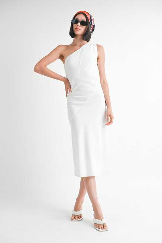 One Shoulder Mid Linen Dress