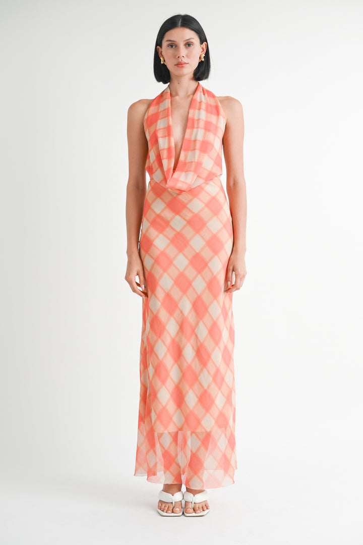 Halter Maxi Satin Dress With Open Back