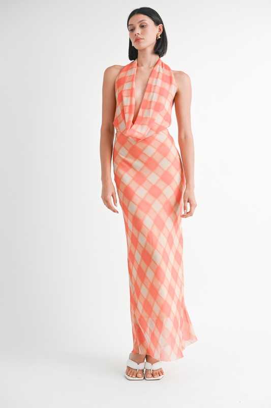 ORANGE PLAID Halter Maxi Satin Dress With Open Back