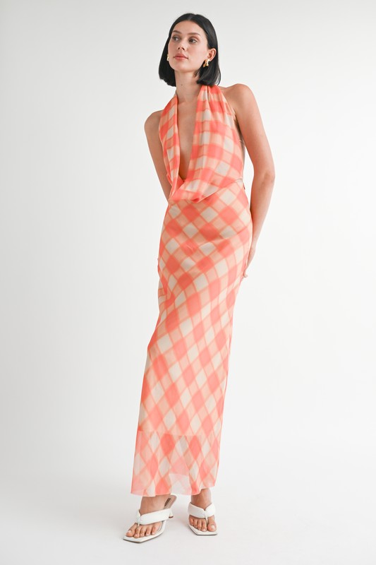 Halter Maxi Satin Dress With Open Back