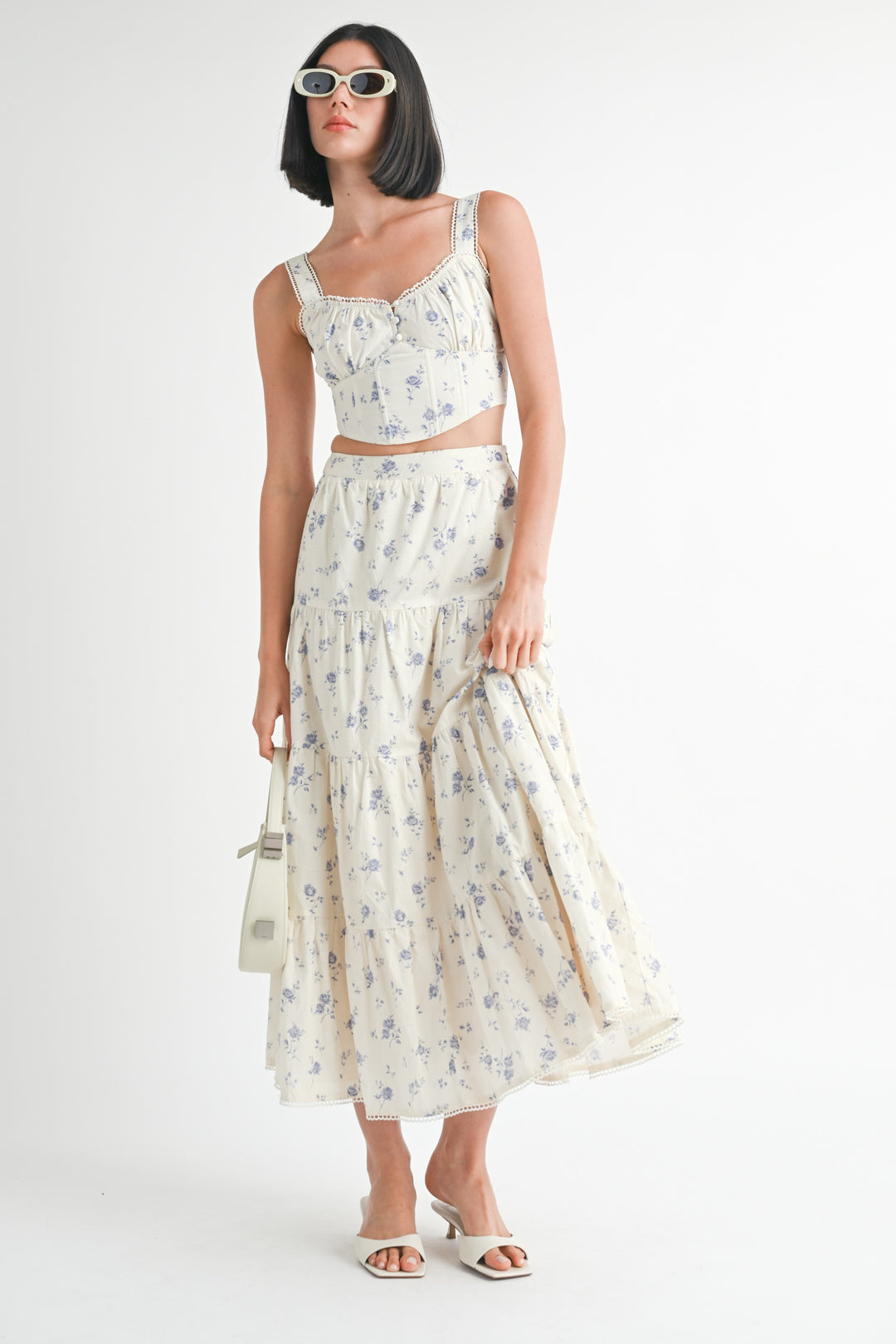 Floral Squared Neck Top & Tiered Maxi Skirt Set