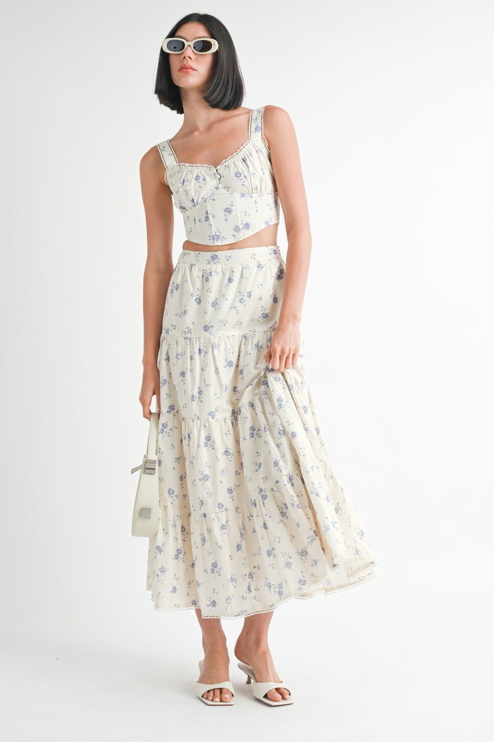 Floral Squared Neck Top & Tiered Maxi Skirt Set