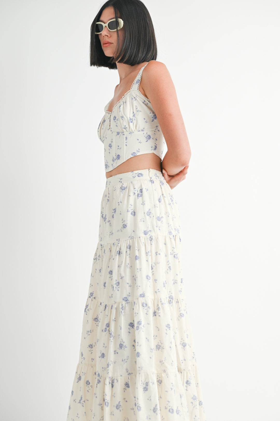 Floral Squared Neck Top & Tiered Maxi Skirt Set
