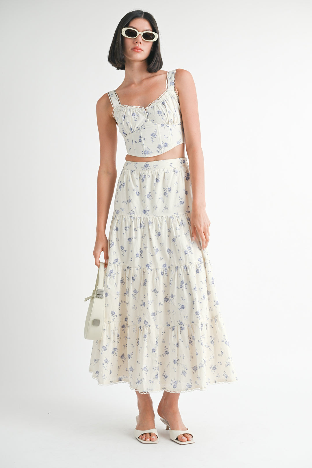 Floral Squared Neck Top & Tiered Maxi Skirt Set