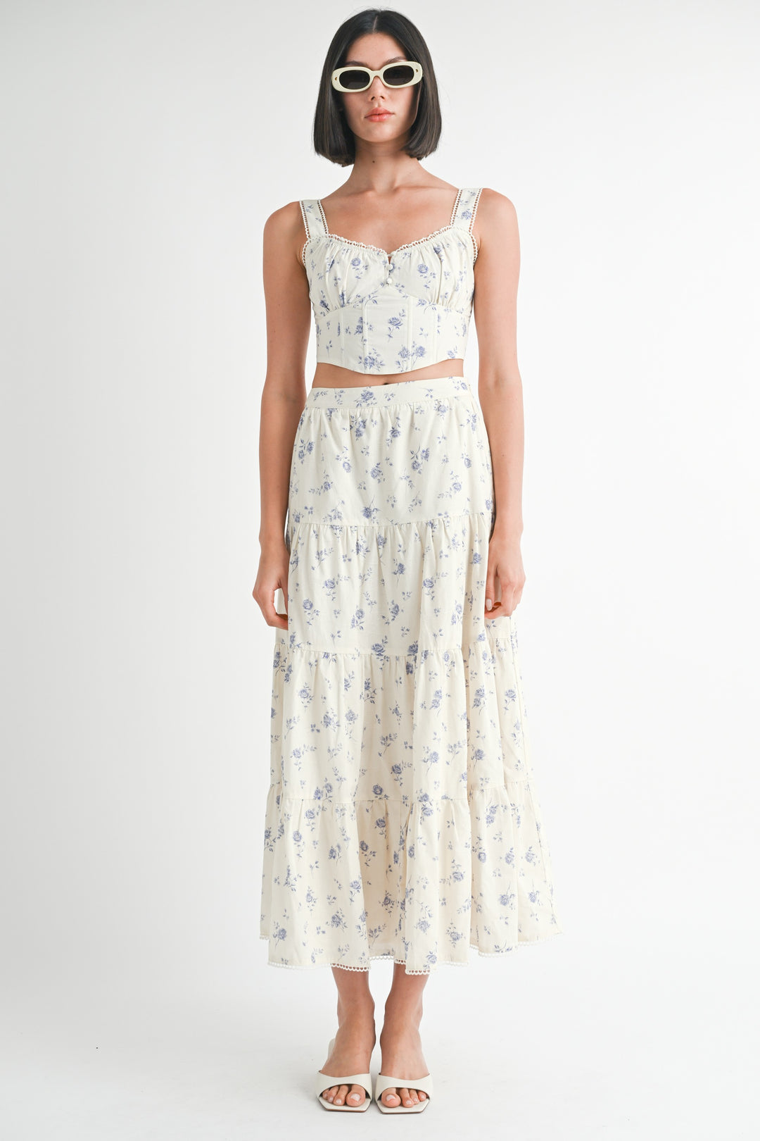 Floral Squared Neck Top & Tiered Maxi Skirt Set
