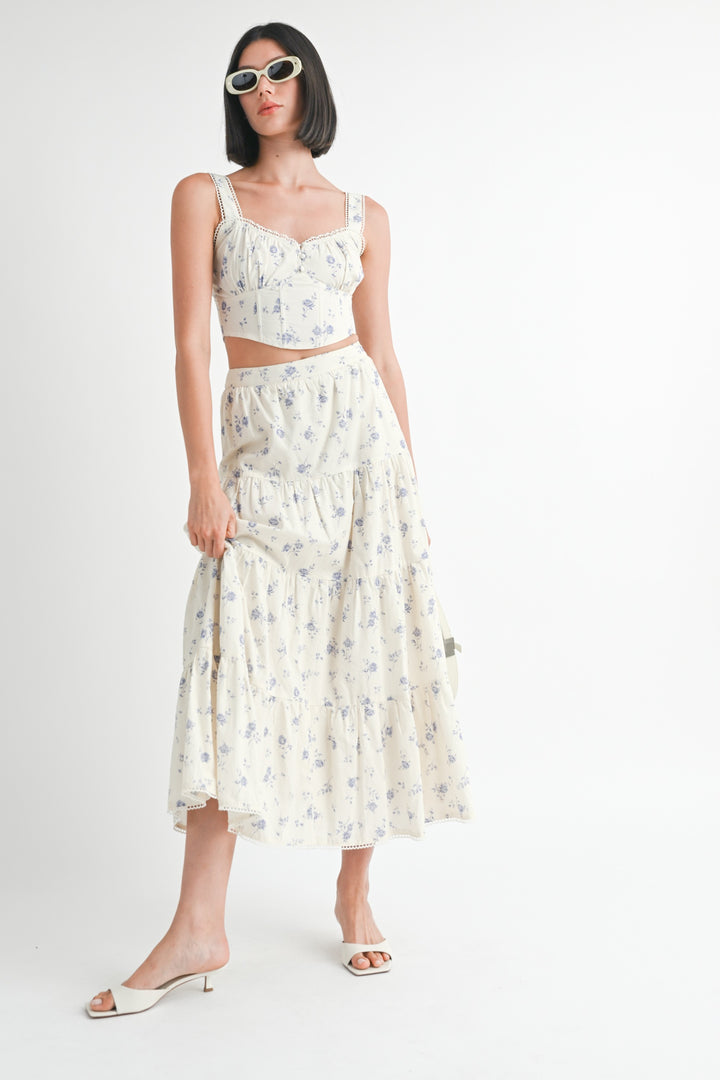Floral Squared Neck Top & Tiered Maxi Skirt Set