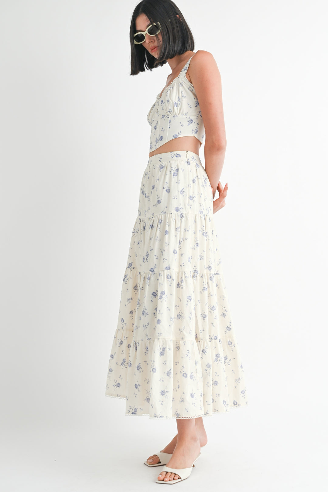 Floral Squared Neck Top & Tiered Maxi Skirt Set