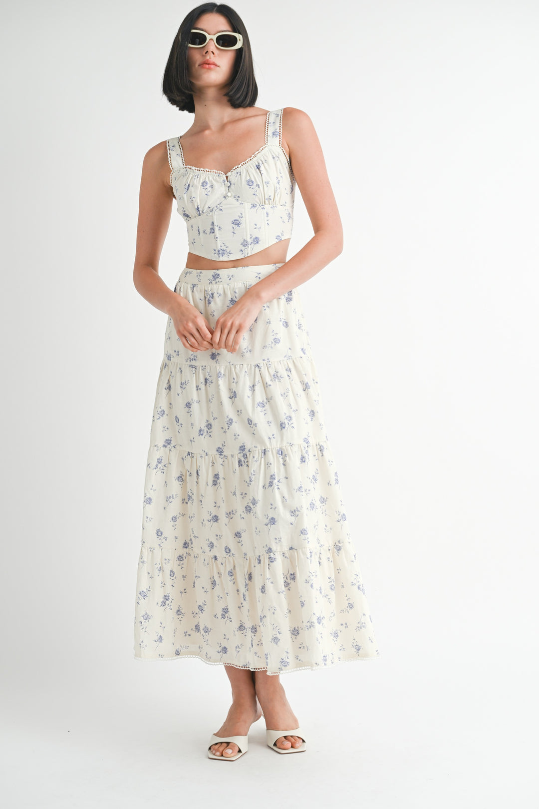 Floral Squared Neck Top & Tiered Maxi Skirt Set