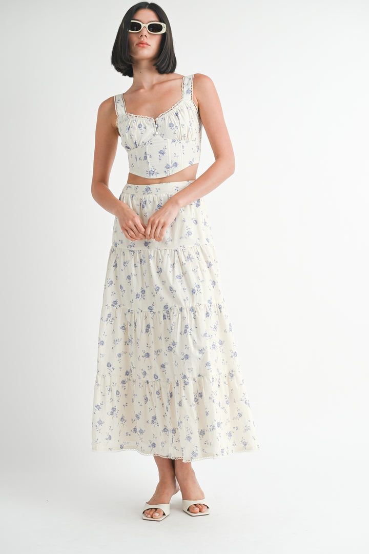 Floral Squared Neck Top & Tiered Maxi Skirt Set