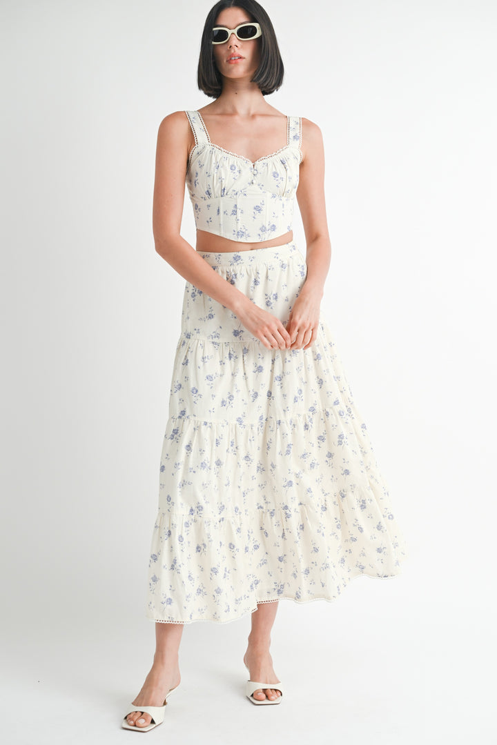 Floral Squared Neck Top & Tiered Maxi Skirt Set