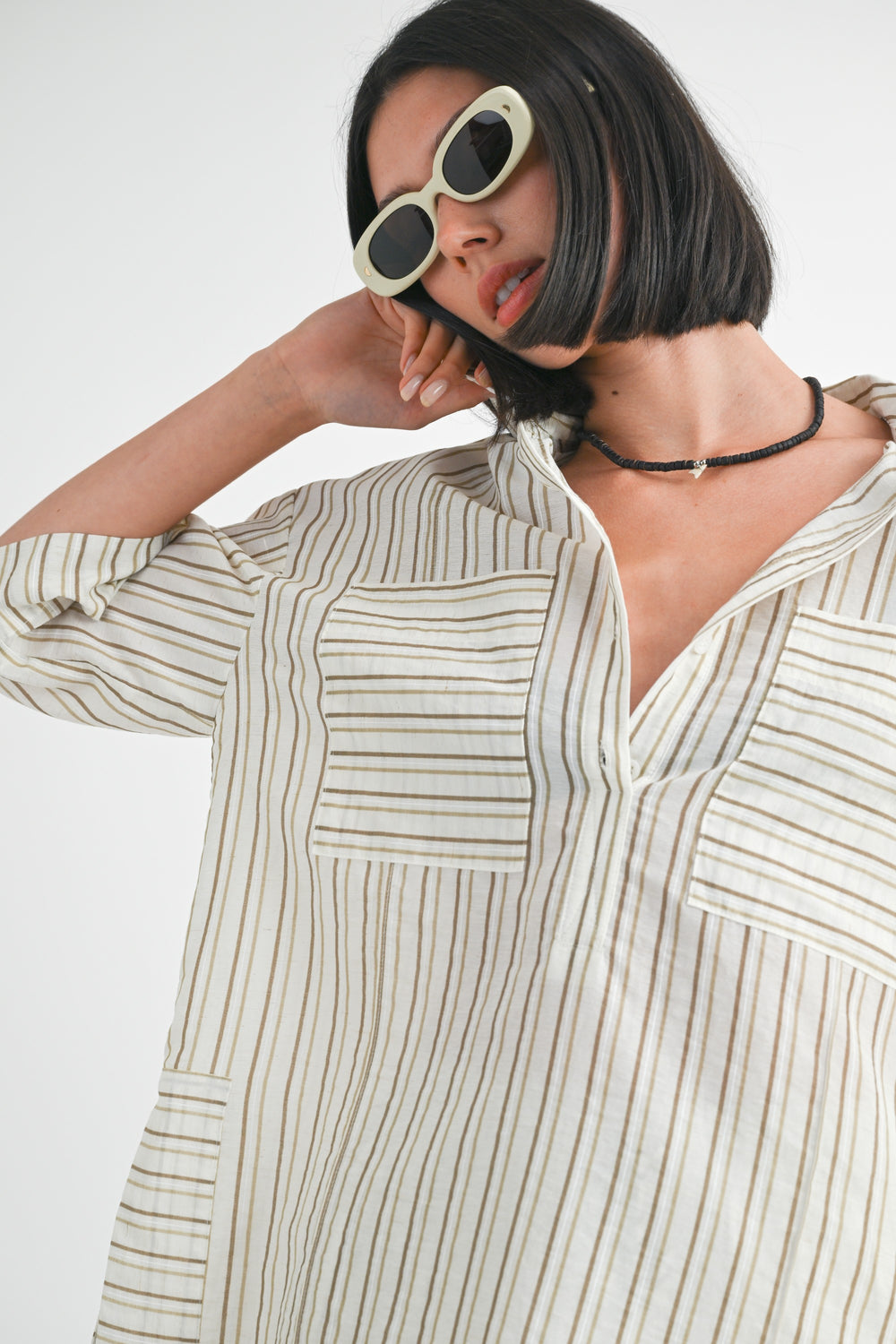 IVORY STRIPE Stripe Oversized Tunic Top