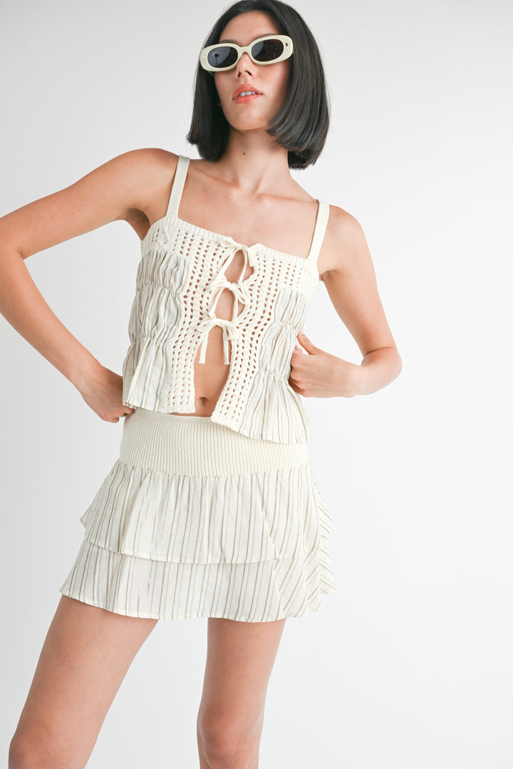 Ivory Stripe Squared Neck Mixed Knit Top