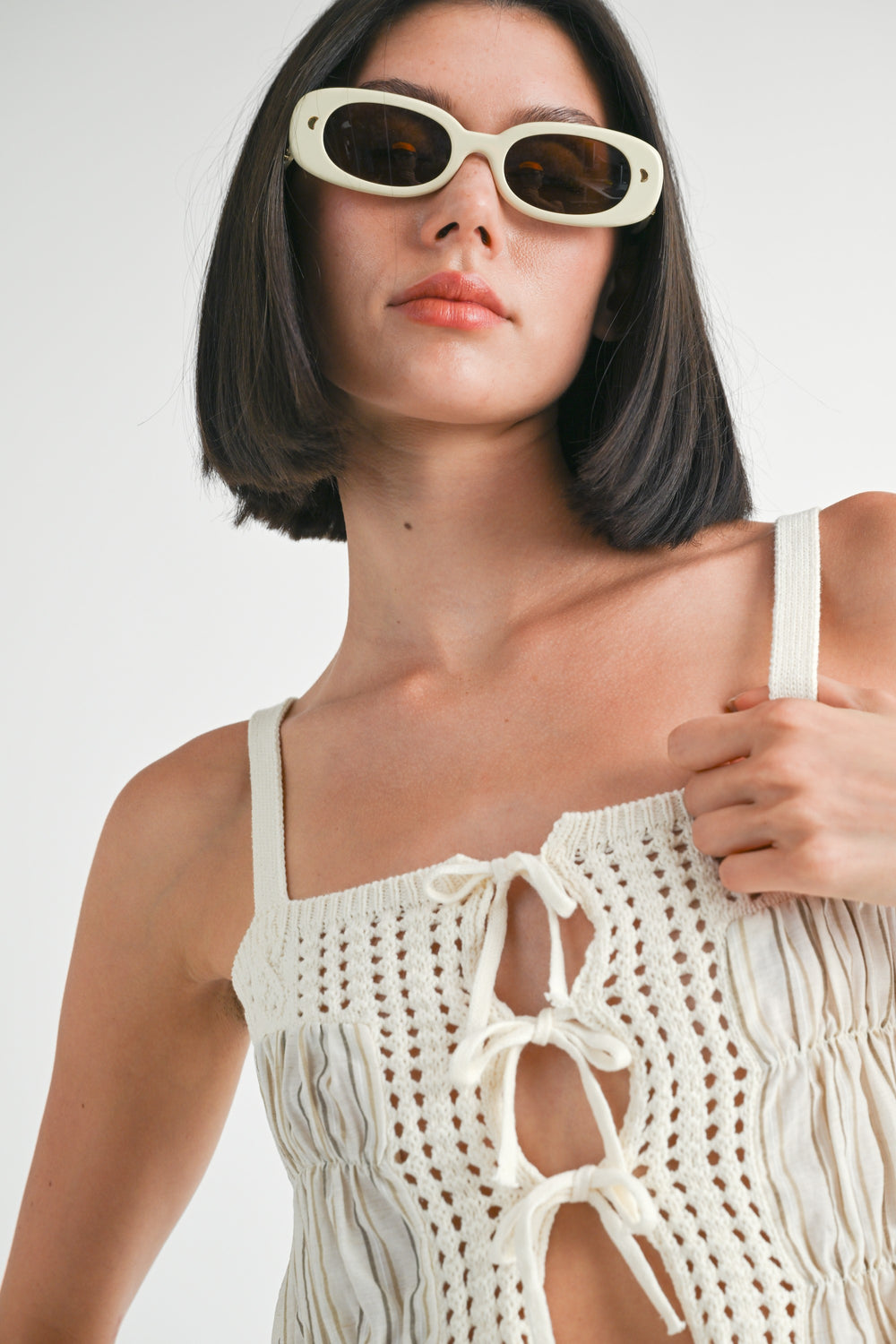 Ivory Stripe Squared Neck Mixed Knit Top