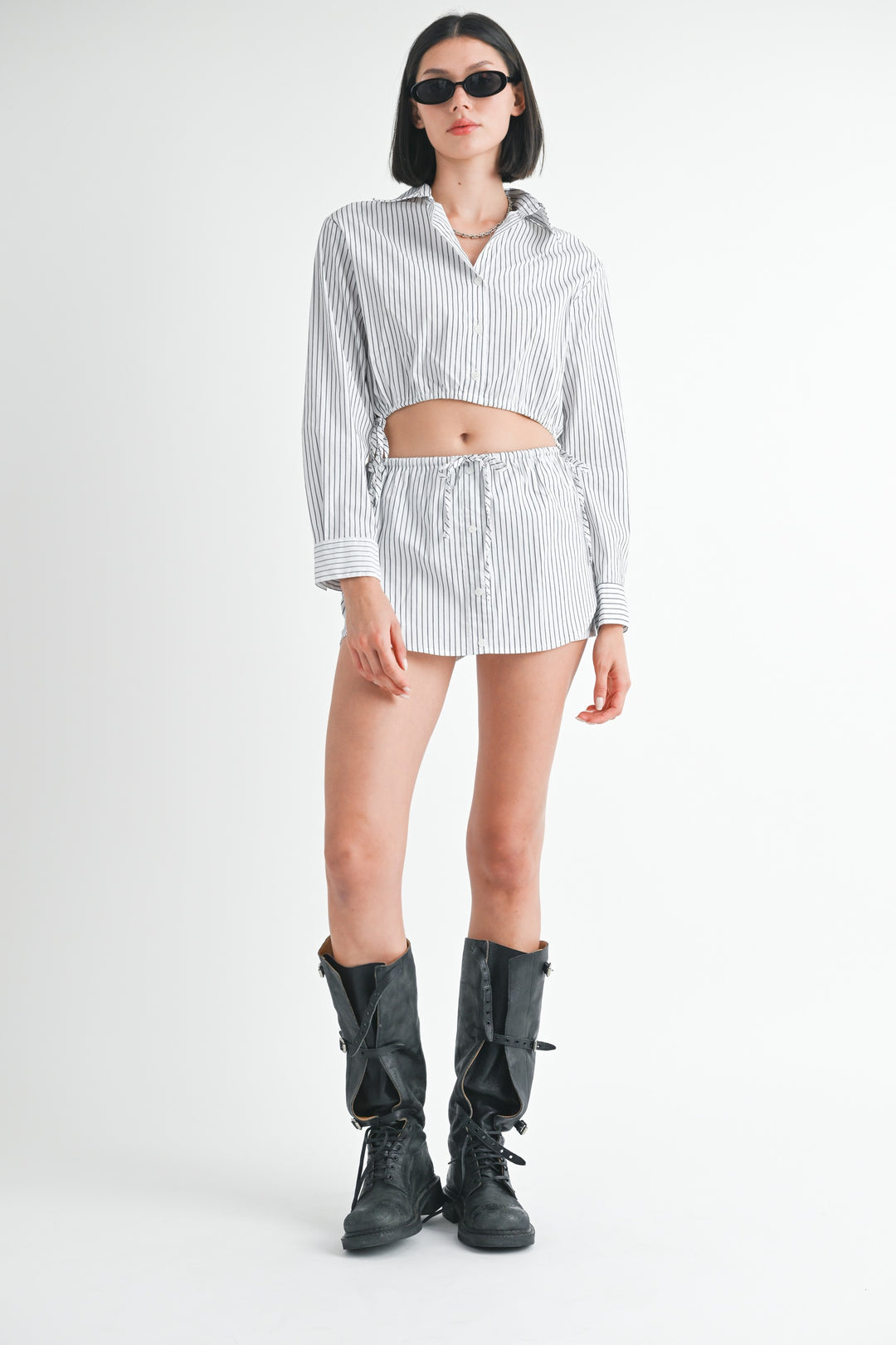 Black White Stripe Button Up Collared Top