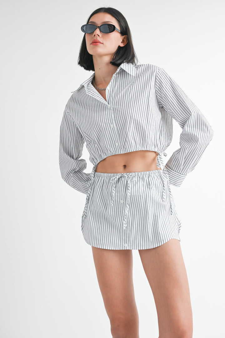 Black White Stripe Button Up Collared Top