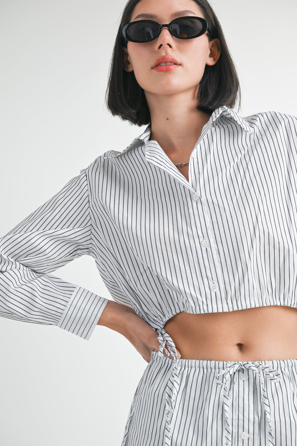 Black White Stripe Button Up Collared Top