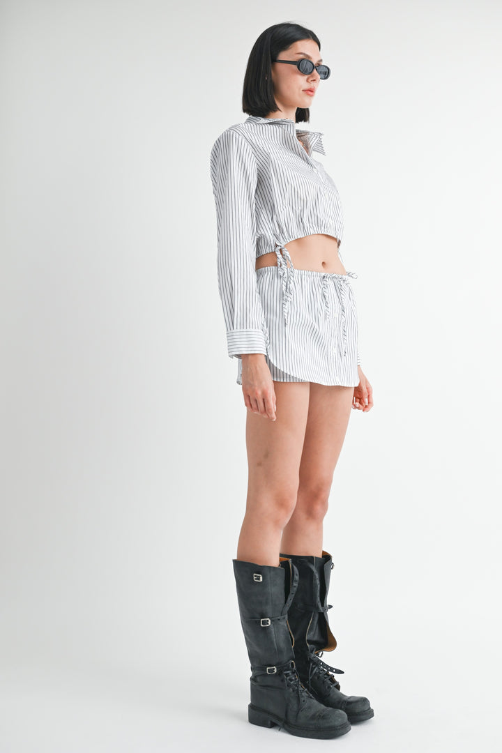 Blue Stripe Drawstring Mini Skort With Buttons