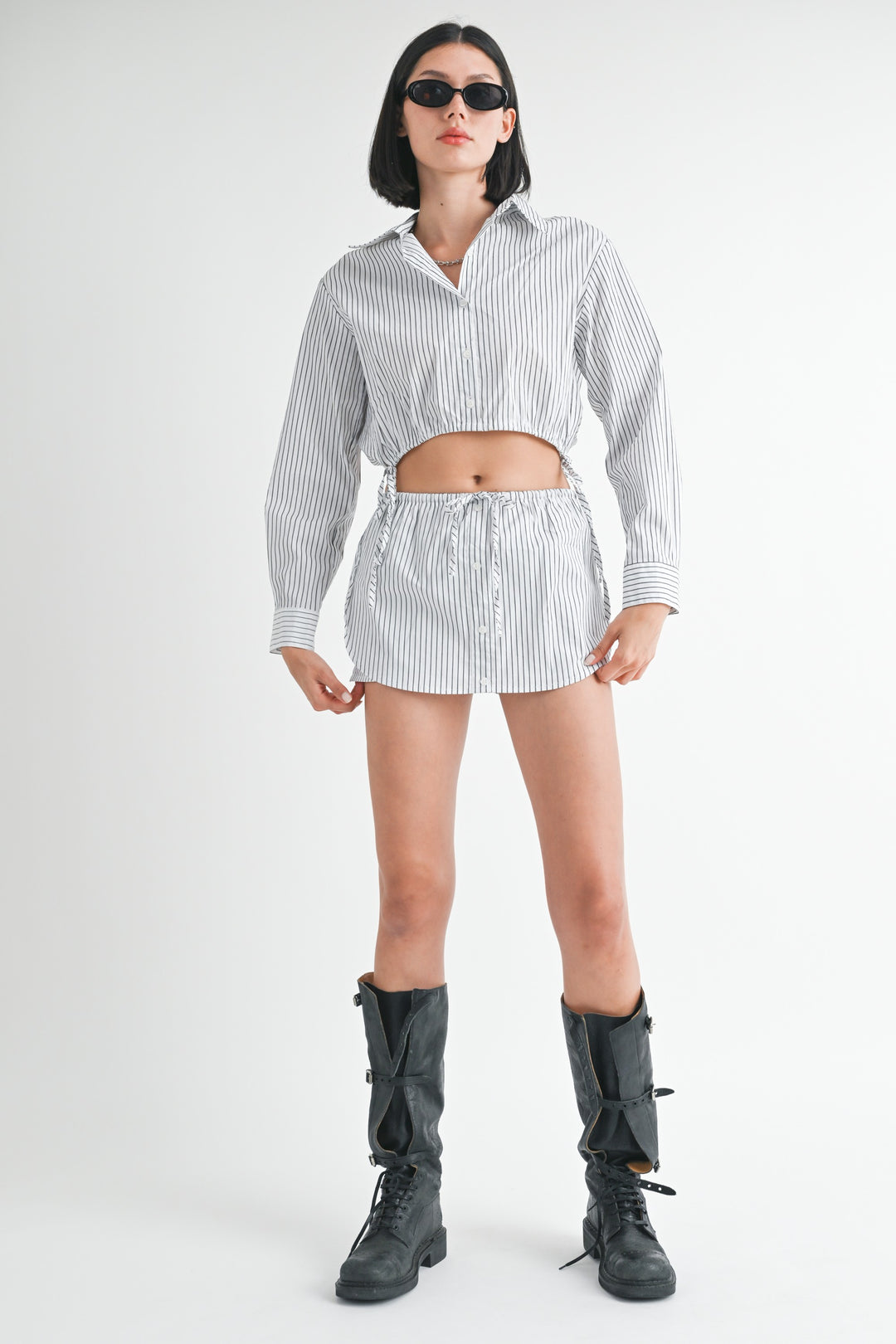 Black White Stripe Drawstring Mini Skort With Buttons