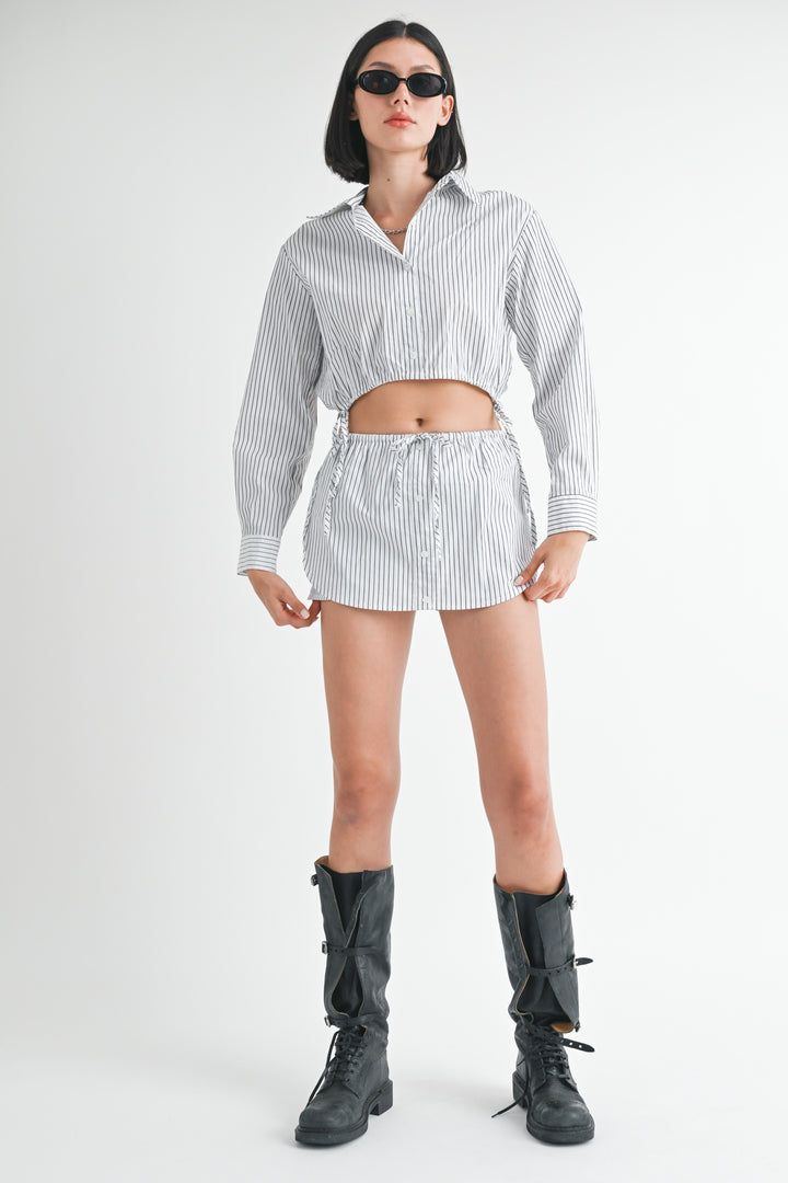 Black White Stripe Drawstring Mini Skort With Buttons