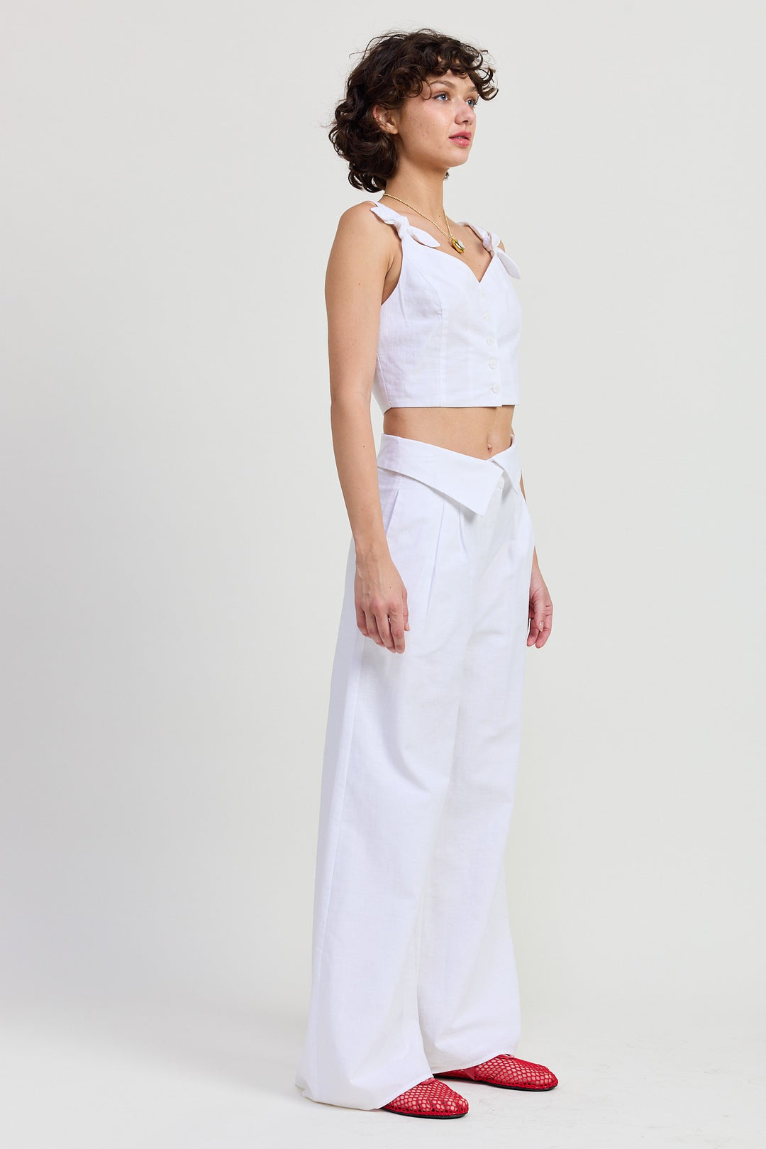 Button Up Cropped Top With Shoulder Ties
