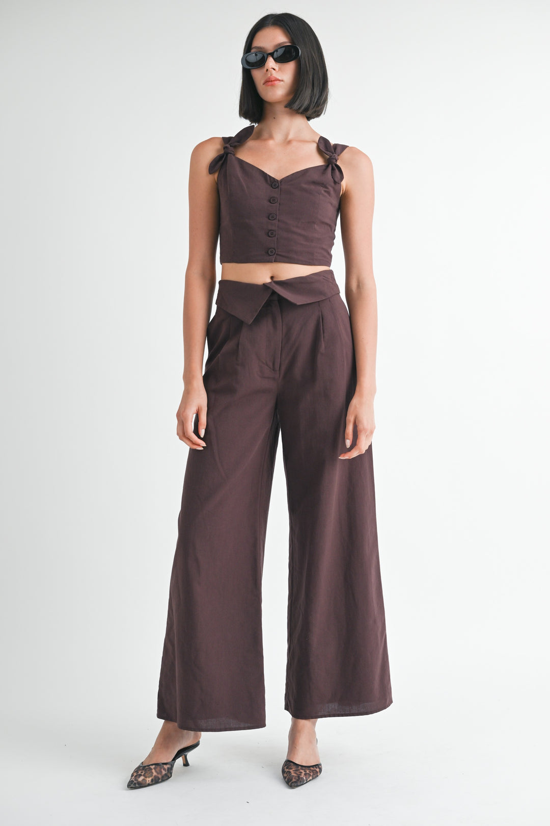 Chocolate Button Up Cropped Top With Shoulder Ties