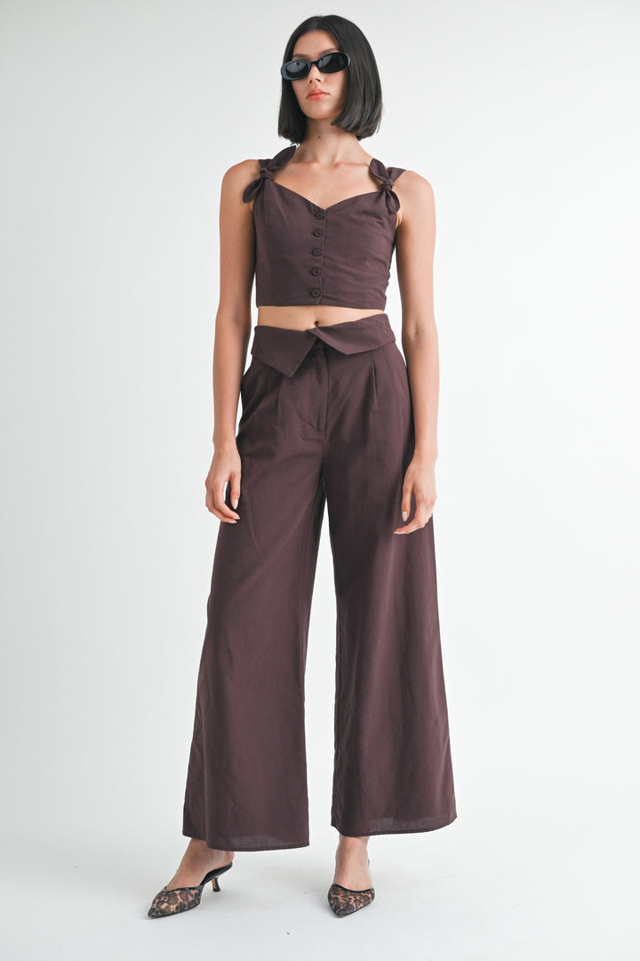 Chocolate Button Up Cropped Top With Shoulder Ties