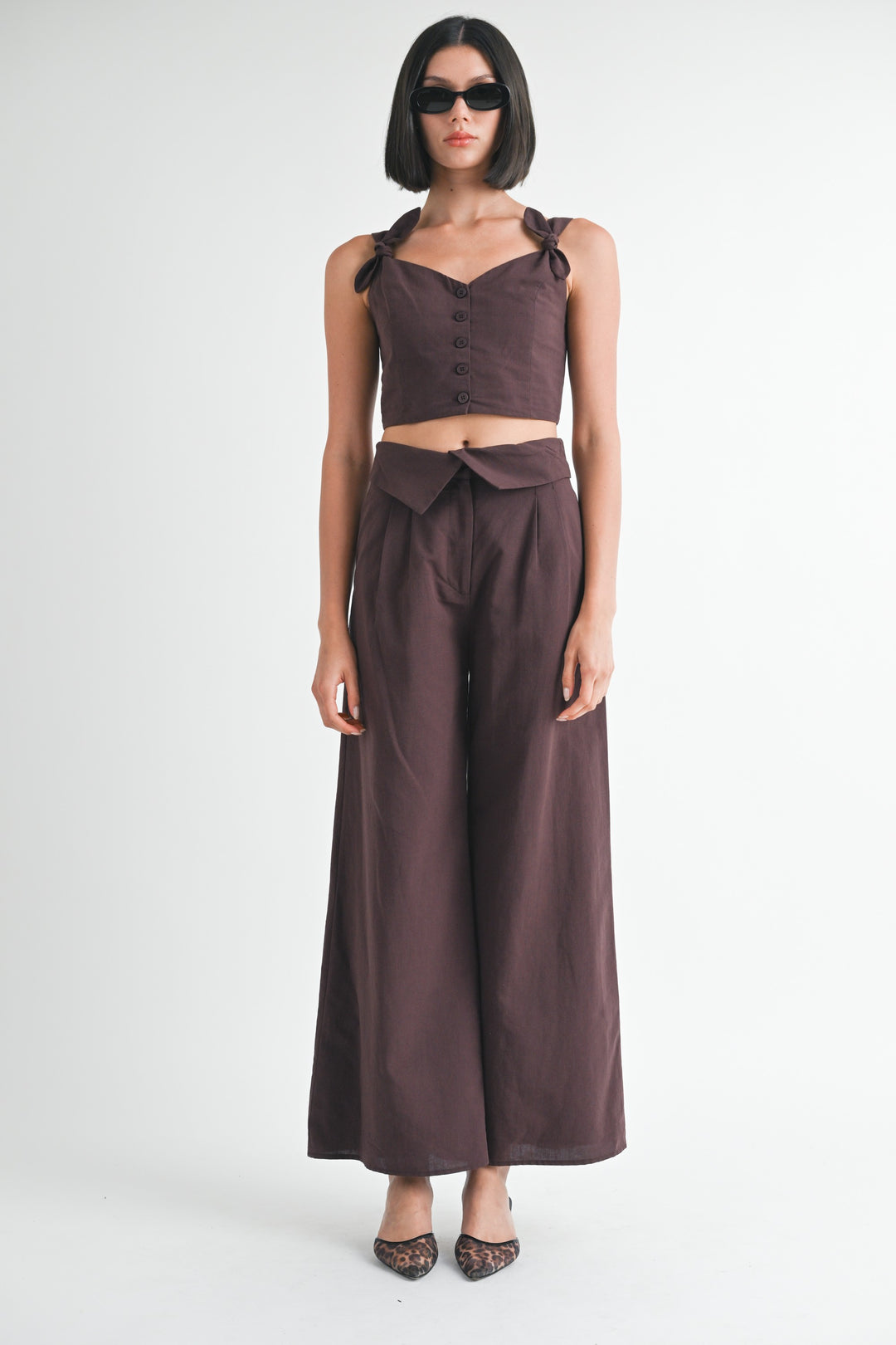 Off White Button Up Cropped Top With Shoulder Ties
