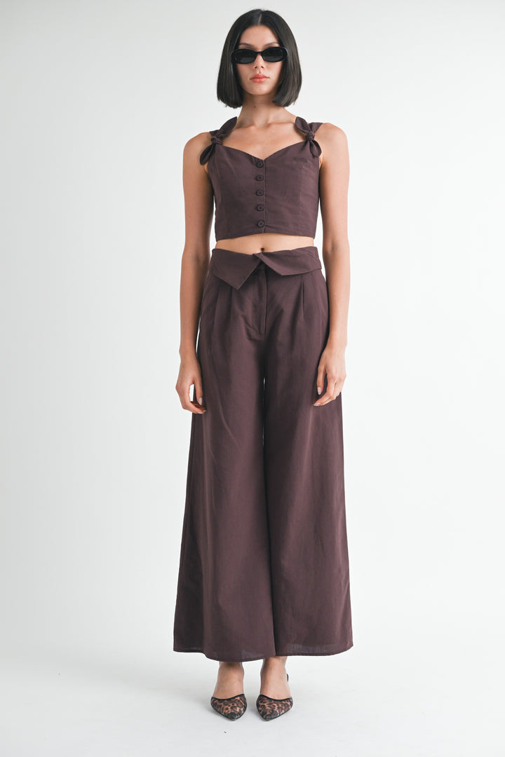 Off White Button Up Cropped Top With Shoulder Ties