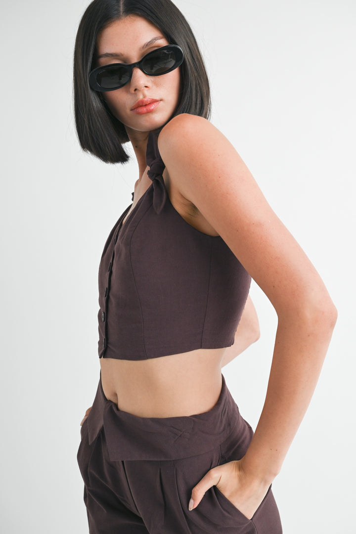 Off White Button Up Cropped Top With Shoulder Ties